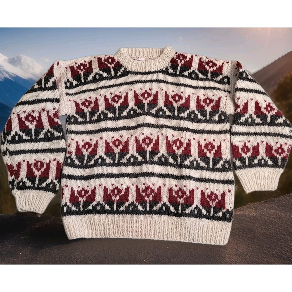 🐑VTG Pamir Afghan Sweater Men L Heavyweight Wool Cottagecore Ecuador (c-video)